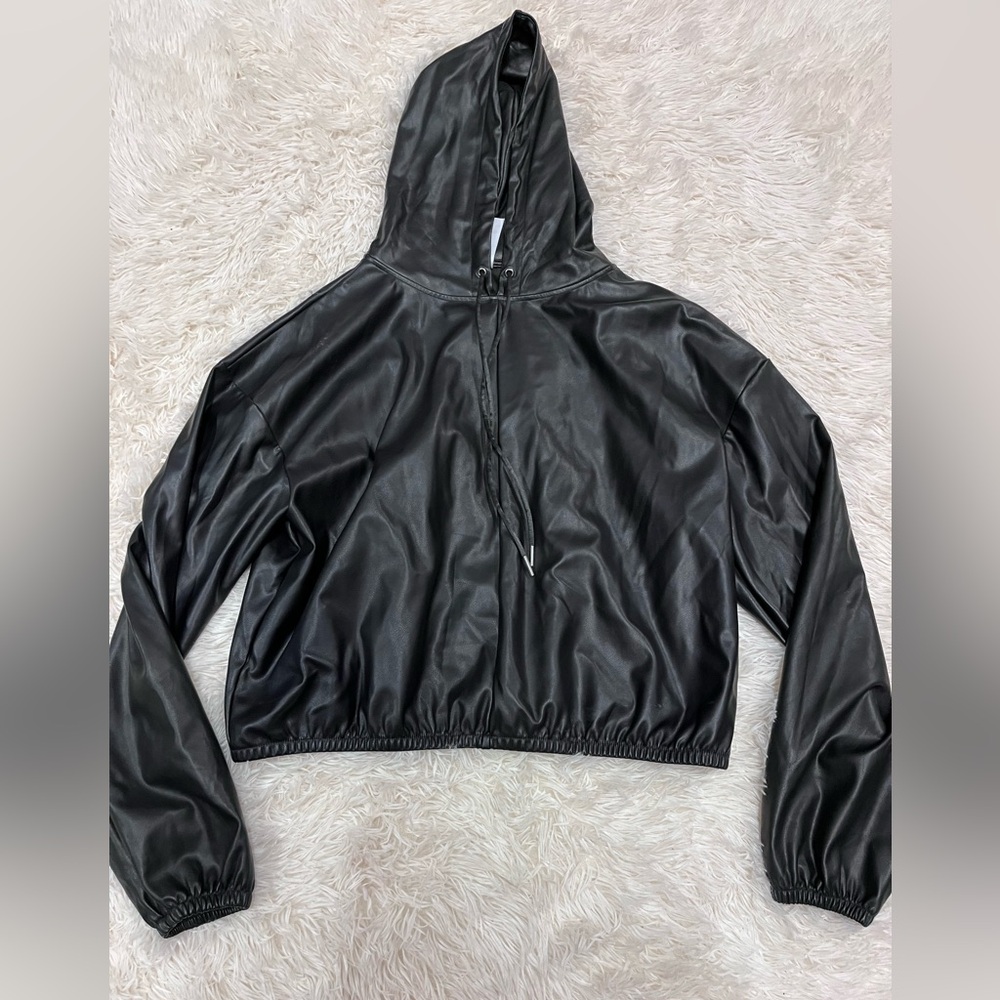 Fabletics Size XL Black Faux Leather Hooded Women's Jacket